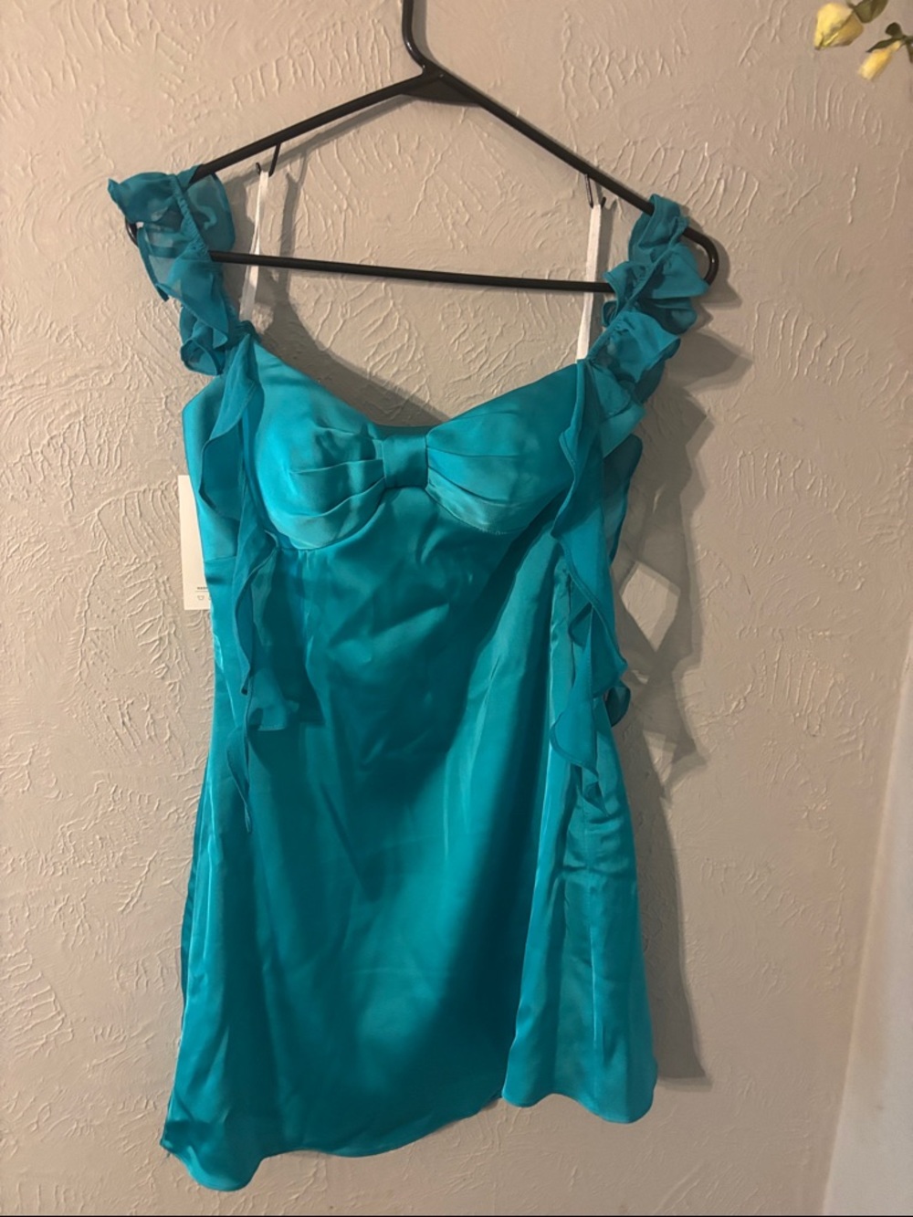 Teal Ruffle Strap Satin Slip Dress